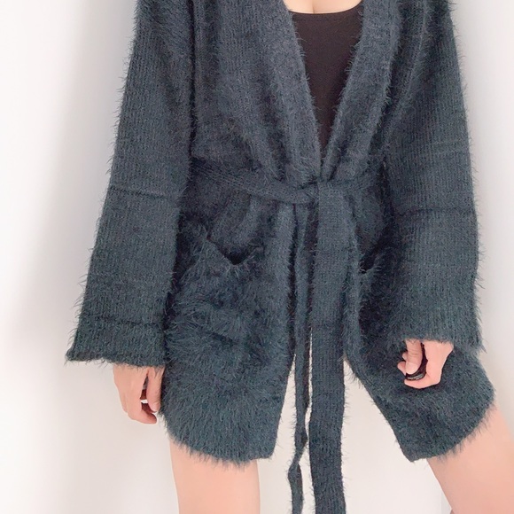 GREEN BRUSHED SELF TIE SWEATER CARDIGAN - Picture 7 of 8